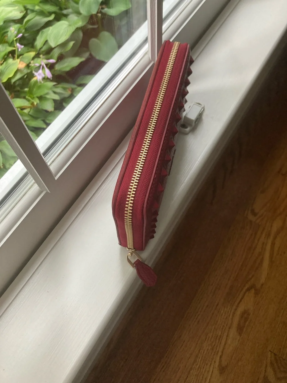 Valentino Red Pebbled  Leather Rockstud Zip Wallet